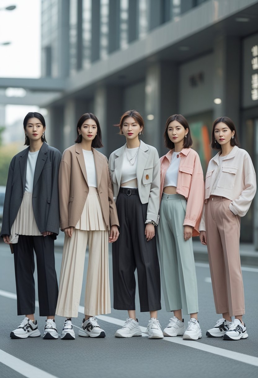 A group of young adults wearing trendy Korean fashion clothing standing outdoors in a city street.
